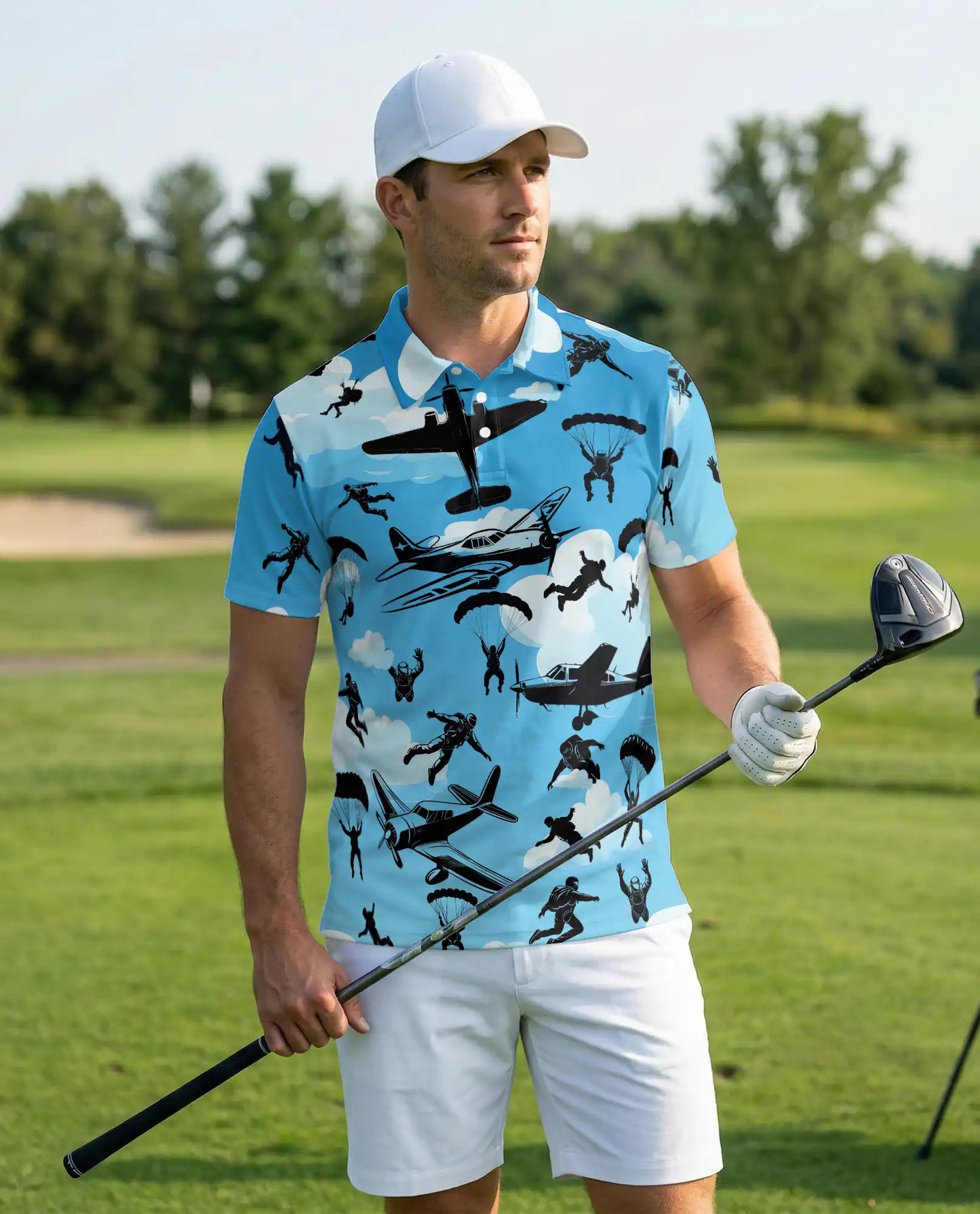 Skydiving Polo Shirt, Parachute Airplane Print | Azhawaiian