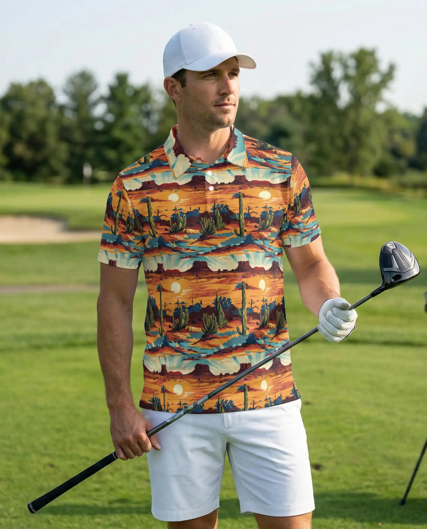Southwestern Desert Sunset 3D Polo Shirt for Men, Cactus Western Style | Azhawaiian