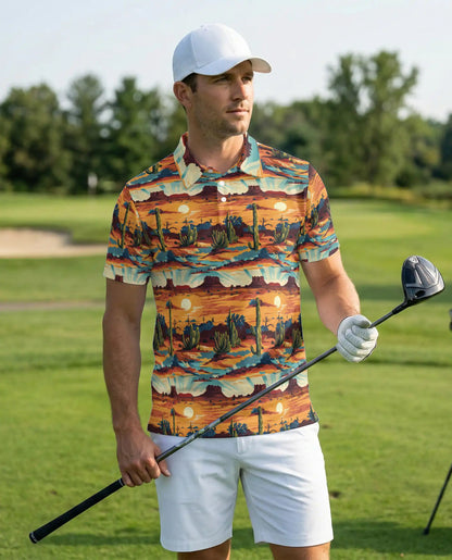 Southwestern Desert Sunset 3D Polo Shirt for Men, Cactus Western Style | Azhawaiian