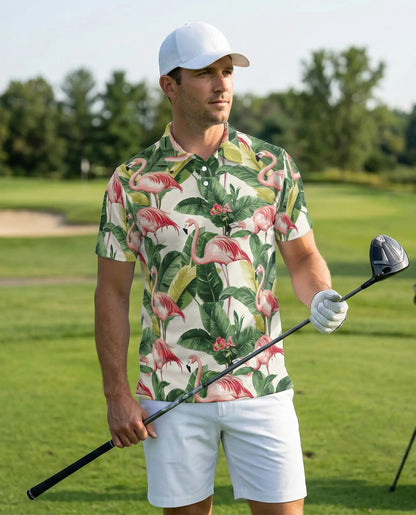 Pink Flamingo Tropical Hawaiian Polo Shirt for Men | Azhawaiian