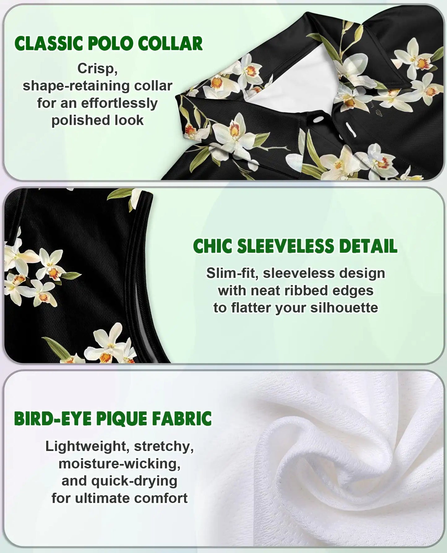 White Orchid Print Sleeveless Polo Shirt for Women, Elegant Floral Style | Azhawaiian