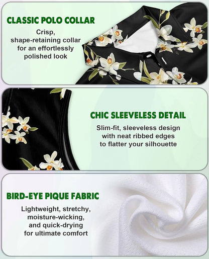 White Orchid Print Sleeveless Polo Shirt for Women, Elegant Floral Style | Azhawaiian