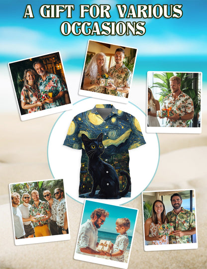 Starry Night Cat Hawaiian Shirt for Men, Button Down Aloha Shirt - Azhawaiian