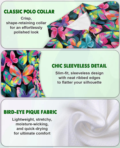 Vibrant Butterfly Pattern Sleeveless Polo Shirt for Women | Azhawaiian
