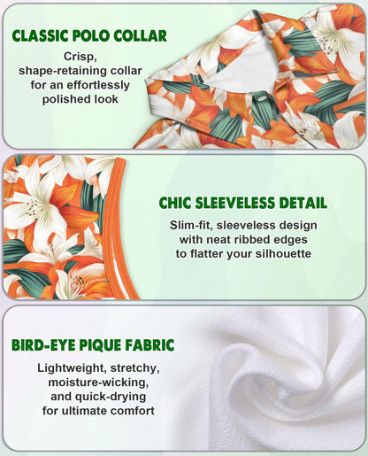Orange Lily Print Sleeveless Polo Shirt for Women, Elegant Floral Style