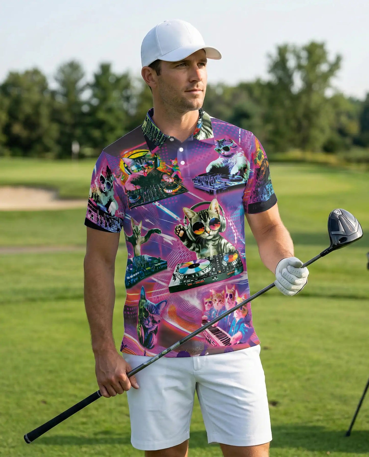 DJ Cat Party Polo Shirt-Neon Music Festival Funny Cat DJ Design | Azhawaiian
