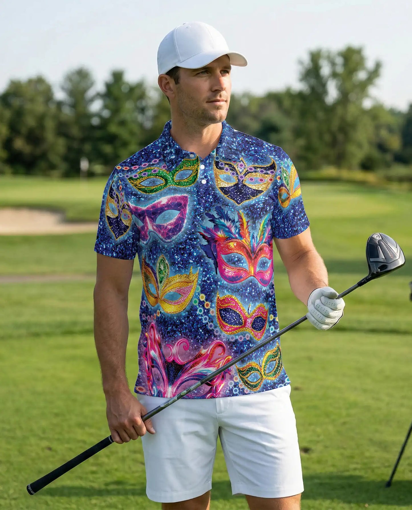 Masquerade Mask Polo Shirt, Carnival Fantasy Print | Azhawaiian