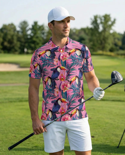 Pink Tropical Toucan Polo Shirt Exotic Bird Floral Print | Azhawaiian