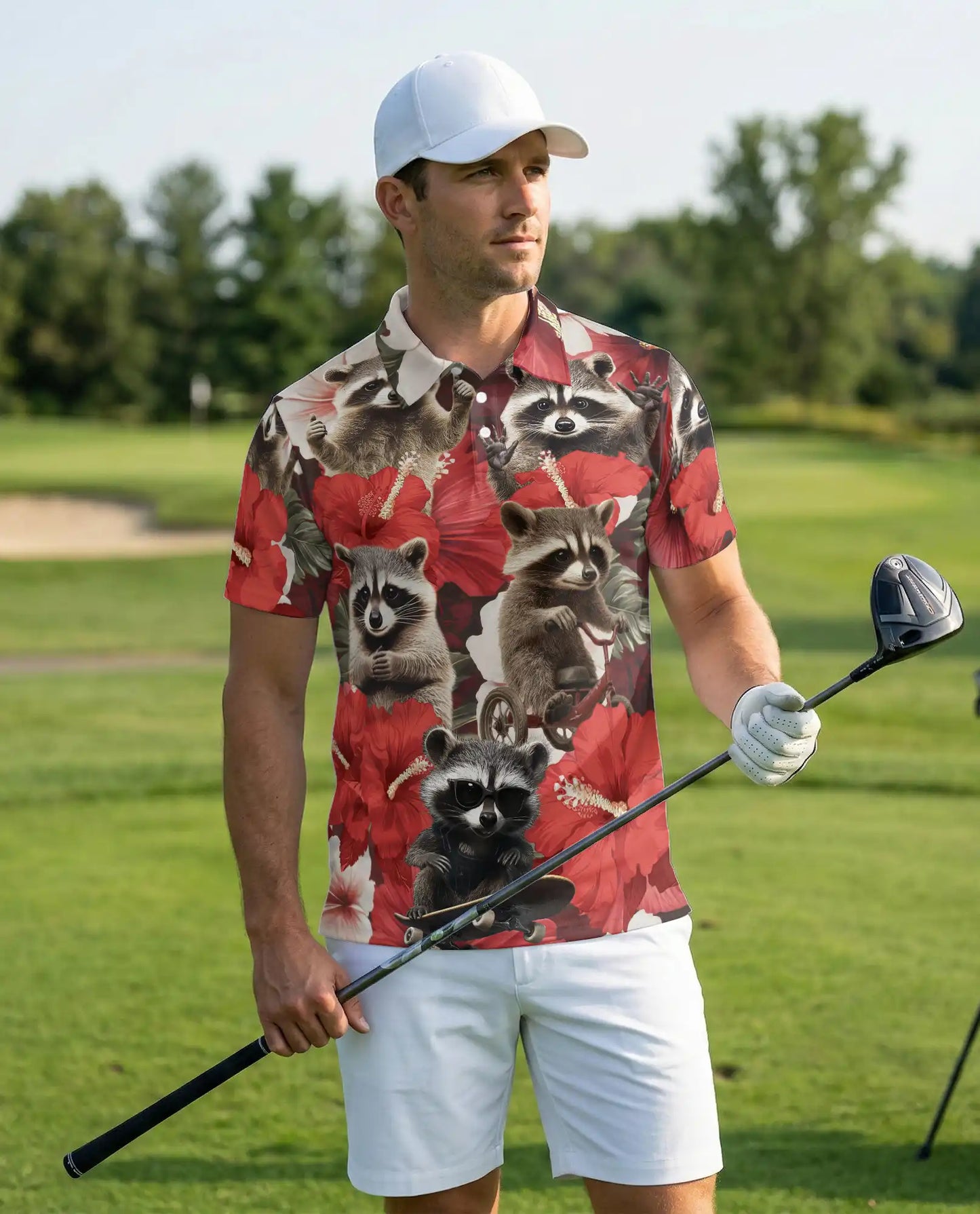 Raccoon Floral 3D Polo Shirt for Men, Funny Animal Hibiscus Style | Azhawaiian