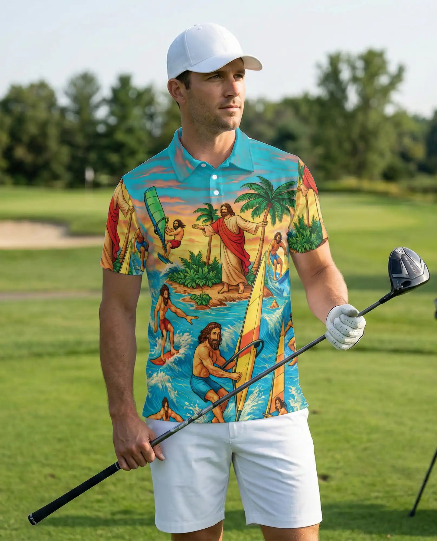 Jesus Surfing Tropical Beach 3D Polo Shirt for Men, Christian Summer Island Style | Azhawaiian