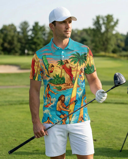Jesus Surfing Tropical Beach 3D Polo Shirt for Men, Christian Summer Island Style | Azhawaiian
