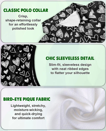Love Heart Sleeveless Polo Shirt for Women, Cute Romantic Style | Azhawaiian