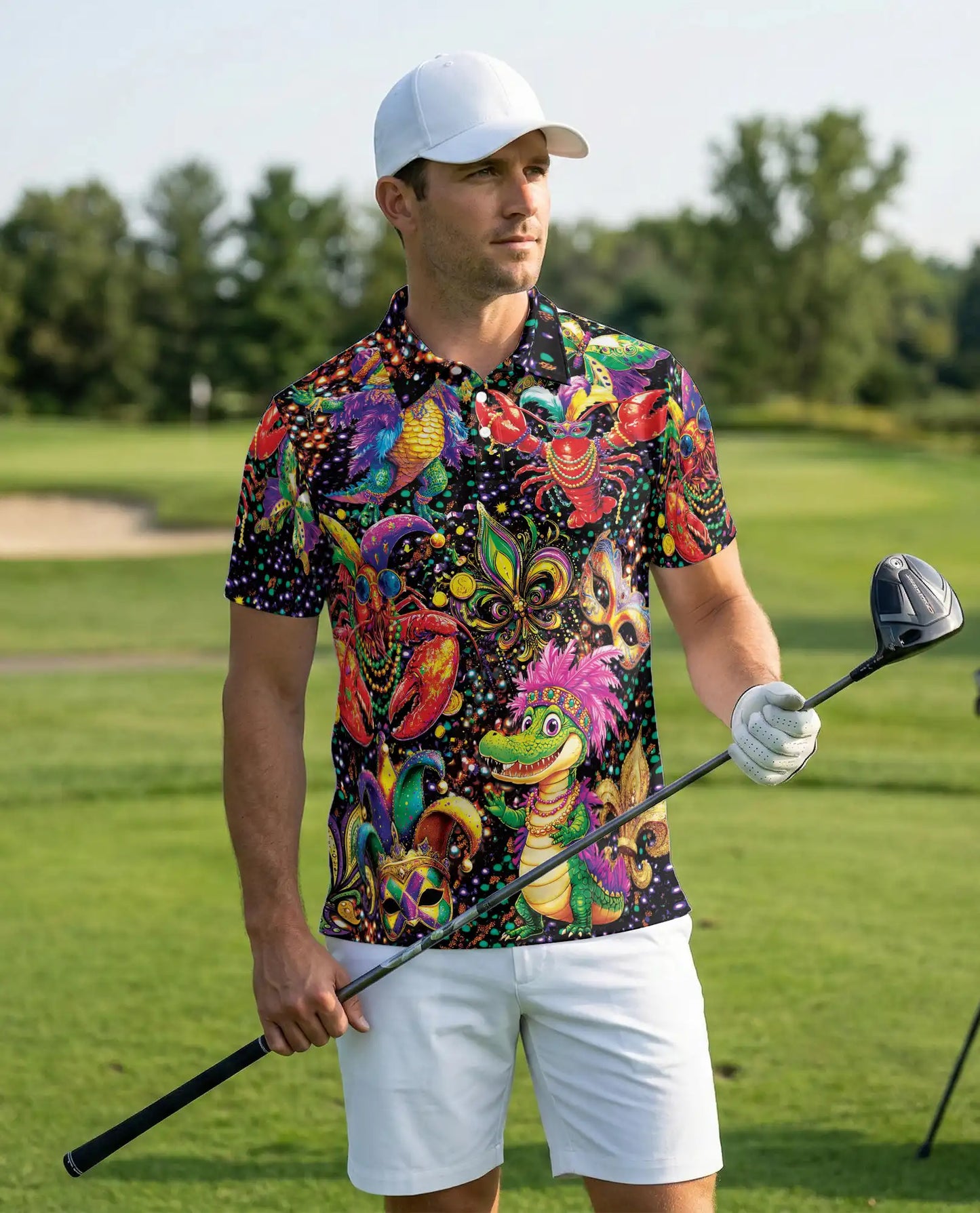 Mardi Gras Alligator 3D Polo Shirt for Men, Carnival Cajun Style | Azhawaiian