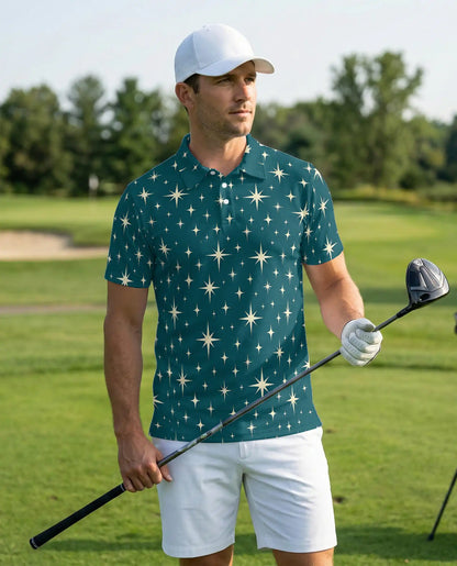 Retro Star Pattern Polo Shirt, Celestial Sky Print | Azhawaiian
