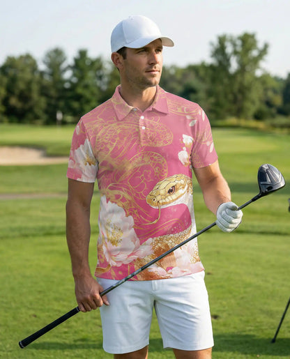 Snake Floral Polo Shirt, Gold Serpent Print | Azhawaiian