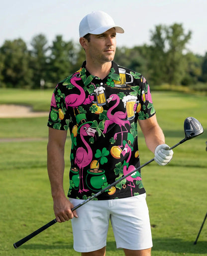 Funny Flamingo St Patrick 3D Polo Shirt for Men, Irish Beer Party Style | Azhawaiian