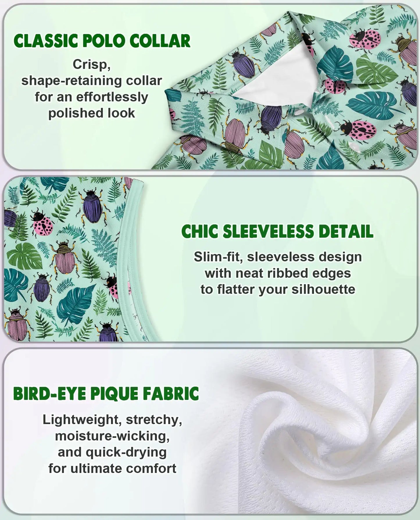 Beetle And Tropical Leaf Sleeveless Polo Shirt for Women  | Azhawaiian