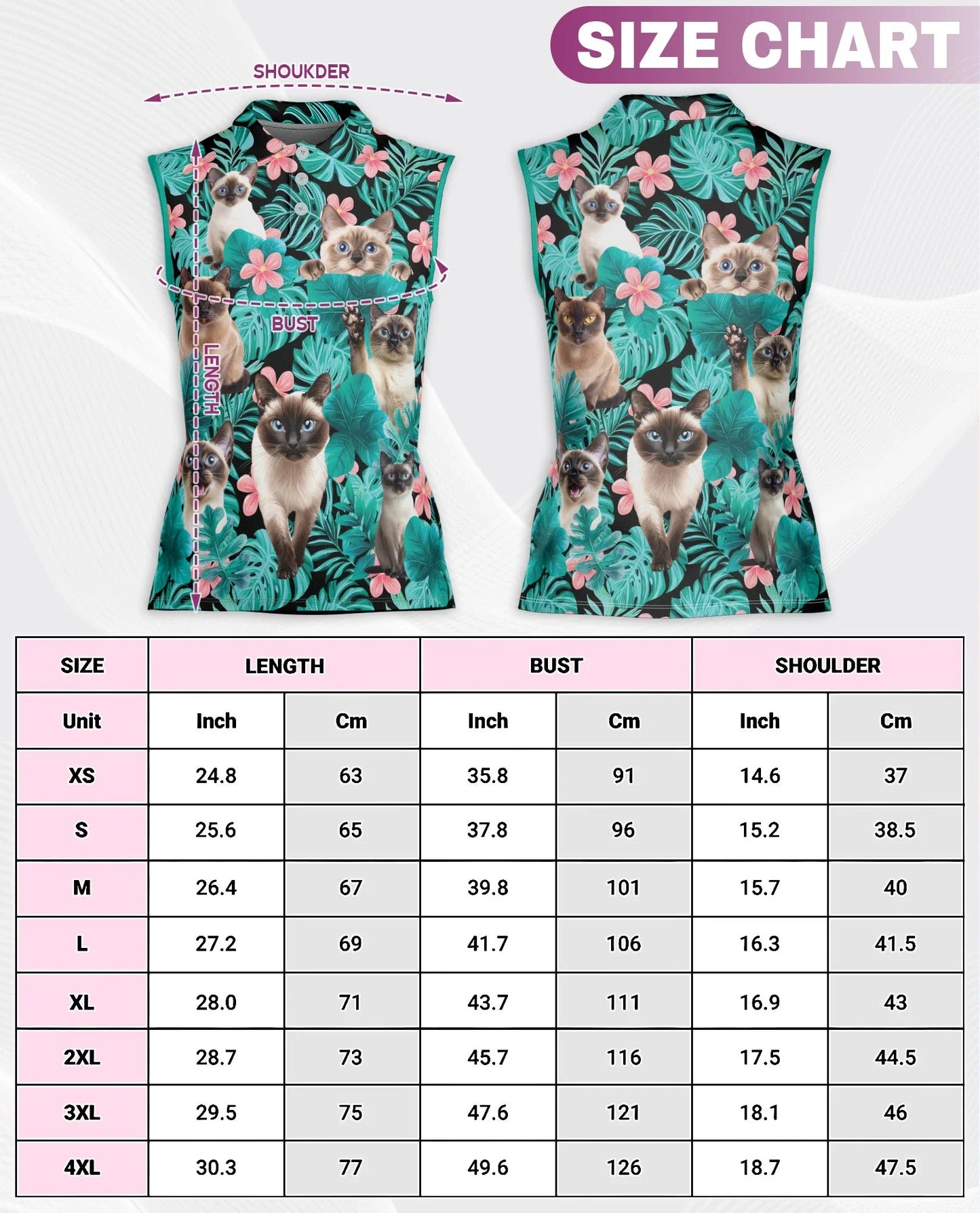 Siamese Cat Tropical Flowers Sleeveless Polo Shirt for Women | Azhawaiian