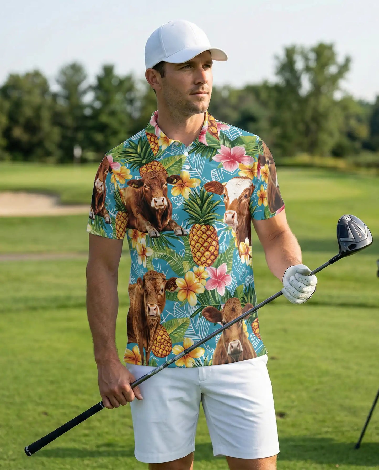 Tropical Cow 3D Polo Shirt for Men, Pineapple Floral Farm Style | Azhawaiian
