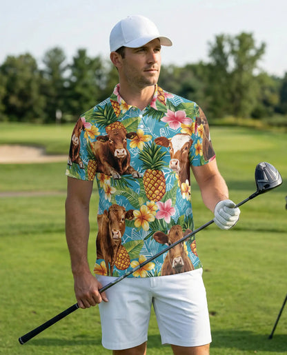 Tropical Cow 3D Polo Shirt for Men, Pineapple Floral Farm Style | Azhawaiian