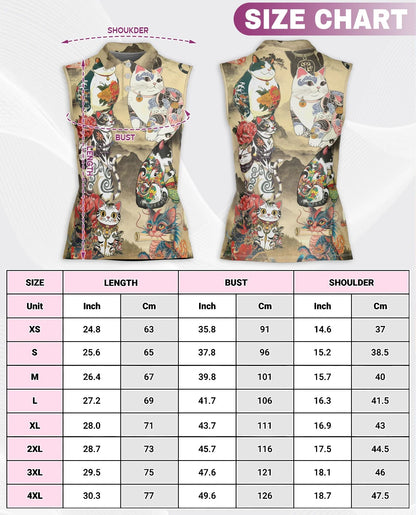 Japanese Cat Tattoo Sleeveless Polo Shirt for Women | Azhawaiian