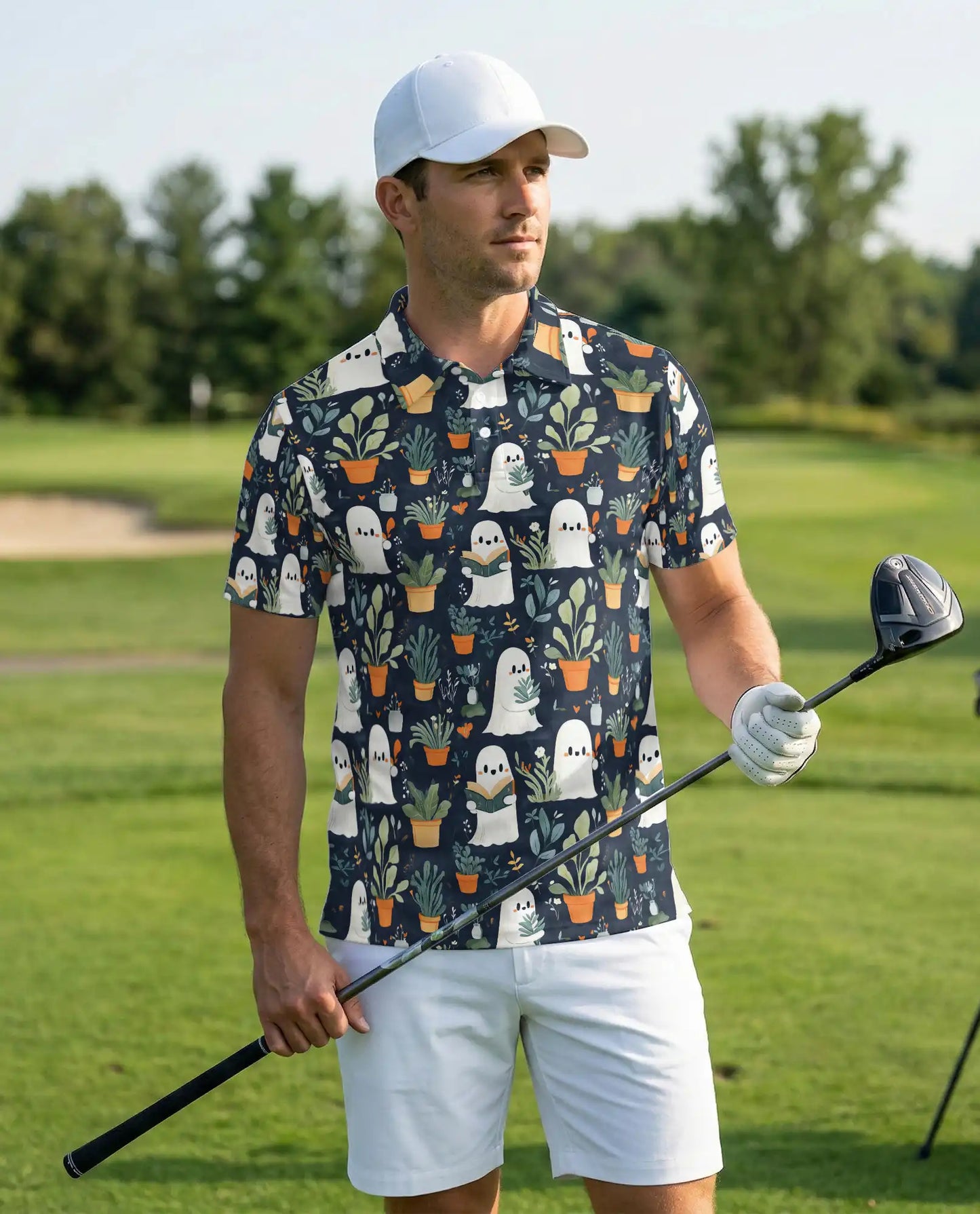 Cute Ghost Plant 3D Polo Shirt for Men, Funny Spooky Botanical Style | Azhawaiian