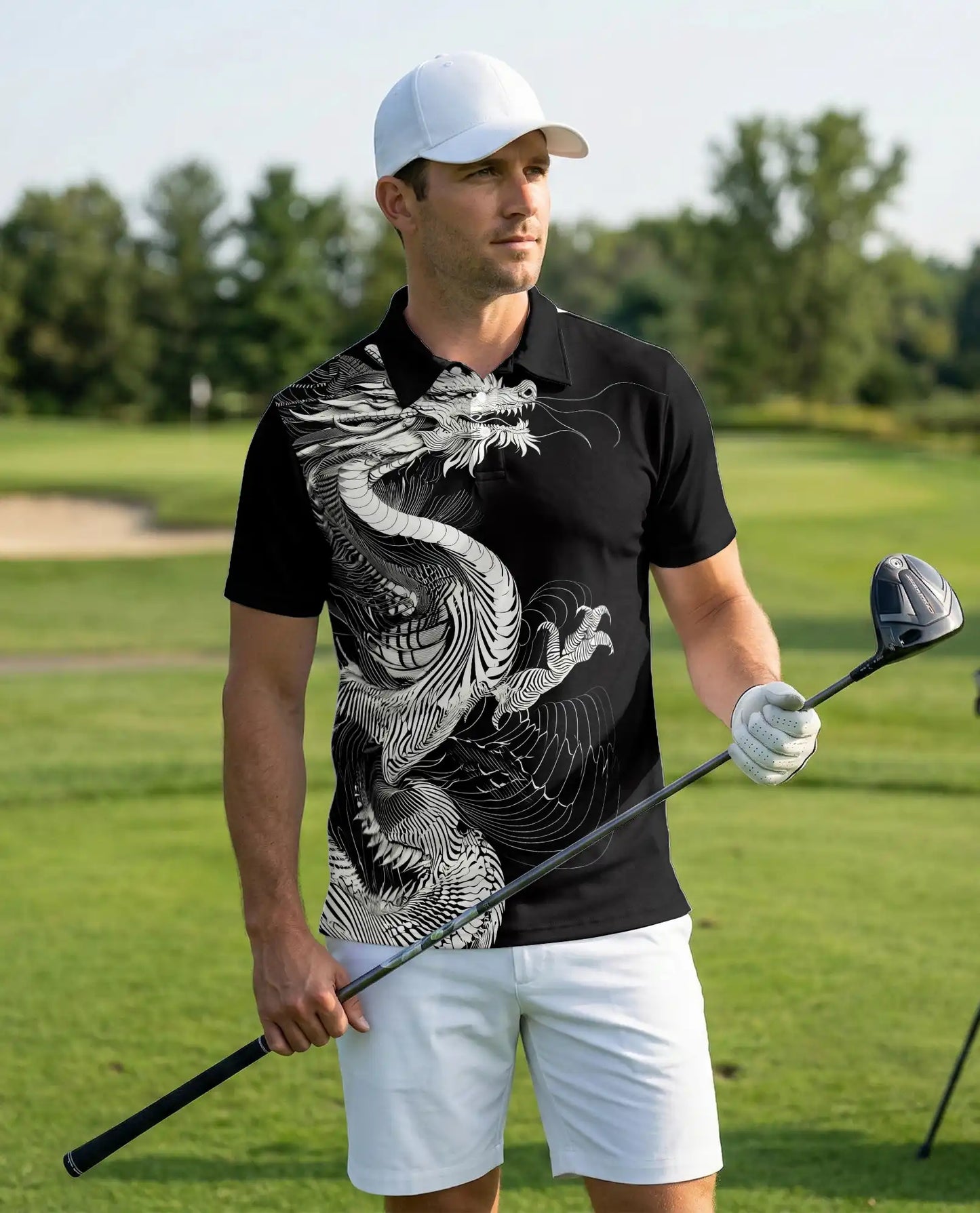 Black White Dragon 3D Polo Shirt for Men, Asian Fantasy Art Style | Azhawaiian
