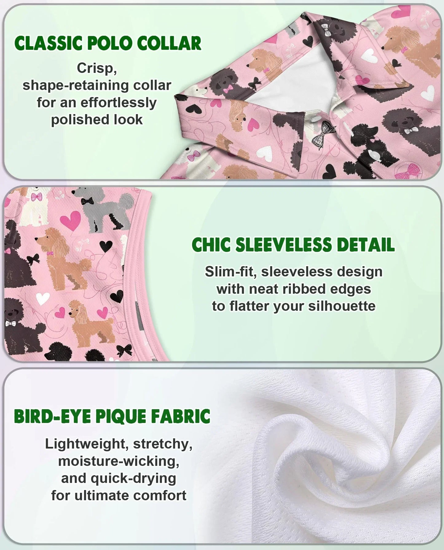 Pink Poodle Print Sleeveless Polo Shirt for Women, Cute Dog Lover Style | Azhawaiian