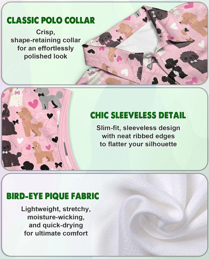 Pink Poodle Print Sleeveless Polo Shirt for Women, Cute Dog Lover Style | Azhawaiian
