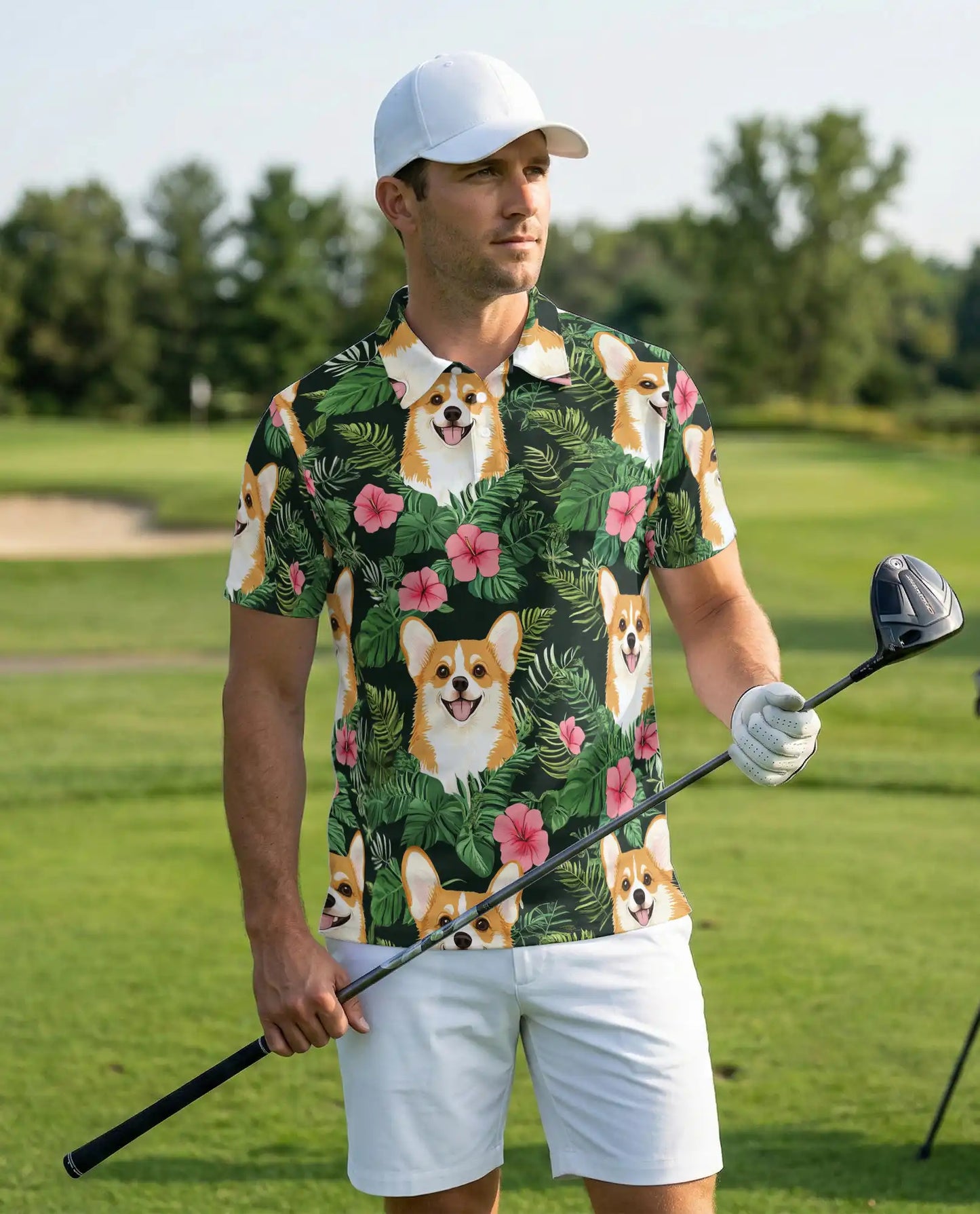 Corgi Tropical 3D Polo Shirt for Men, Cute Dog Floral Style | Azhawaiian