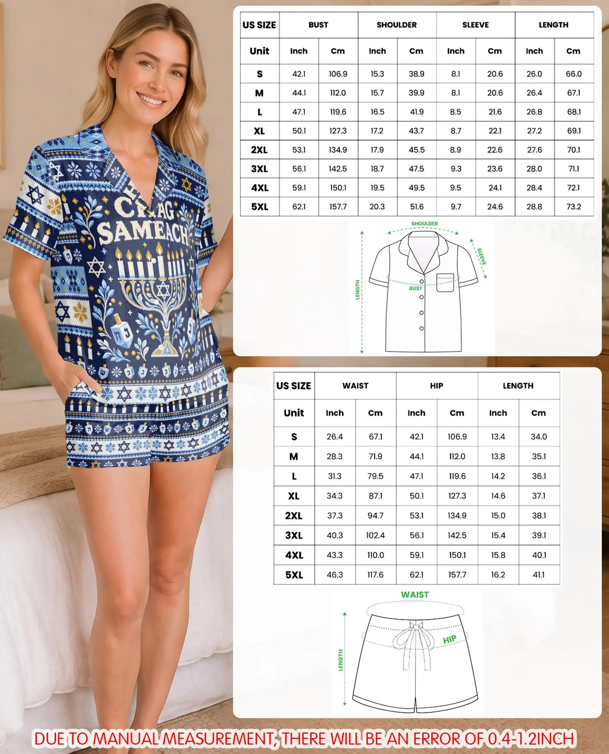 Chag Sameach Hanukkah Pajama Set for Women – Blue Menorah Fair Isle Print