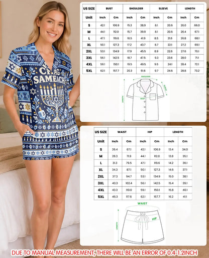 Chag Sameach Hanukkah Pajama Set for Women – Blue Menorah Fair Isle Print