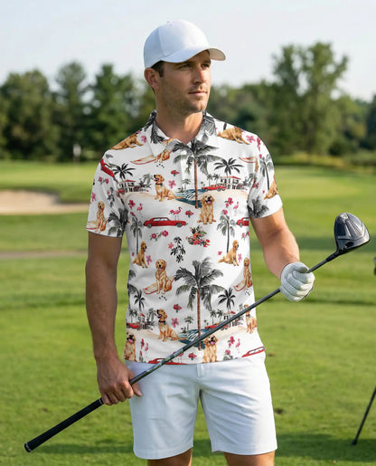 Golden Retriever Tropical 3D Polo Shirt for Men, Beach Vacation Island Style | Azhawaiian