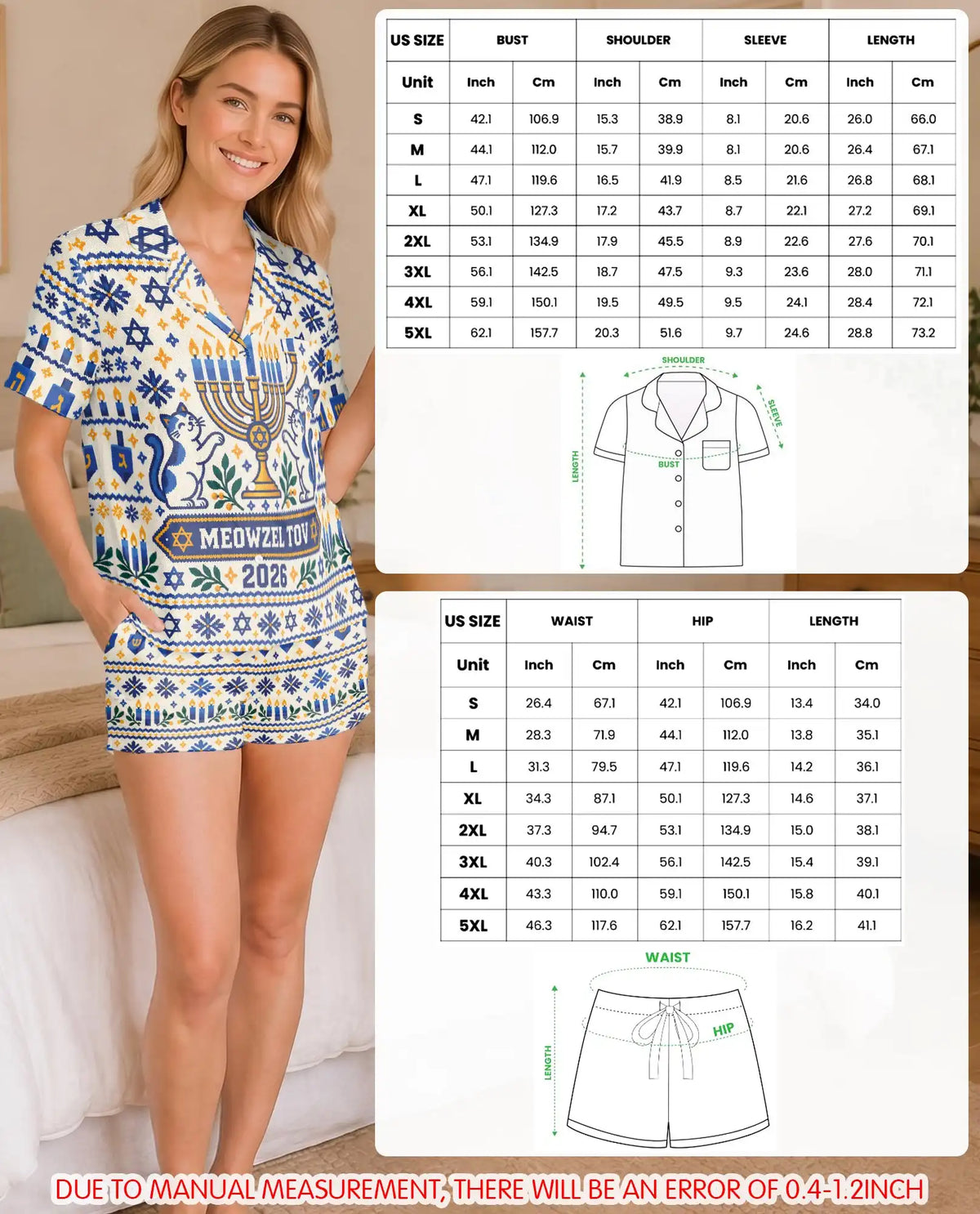 Personalized Hanukkah Cat Pajama Set for Women – Custom Name & Year Menorah Print