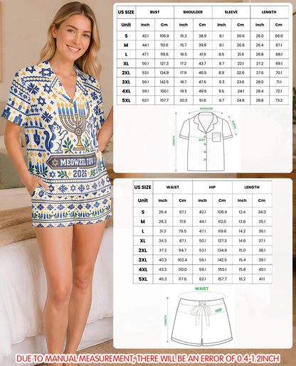 Personalized Hanukkah Cat Pajama Set for Women – Custom Name & Year Menorah Print