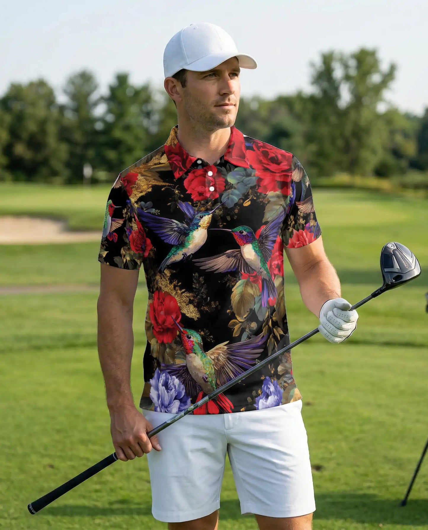 Hummingbird Floral Polo Shirt, Elegant Rose Print | Azhawaiian