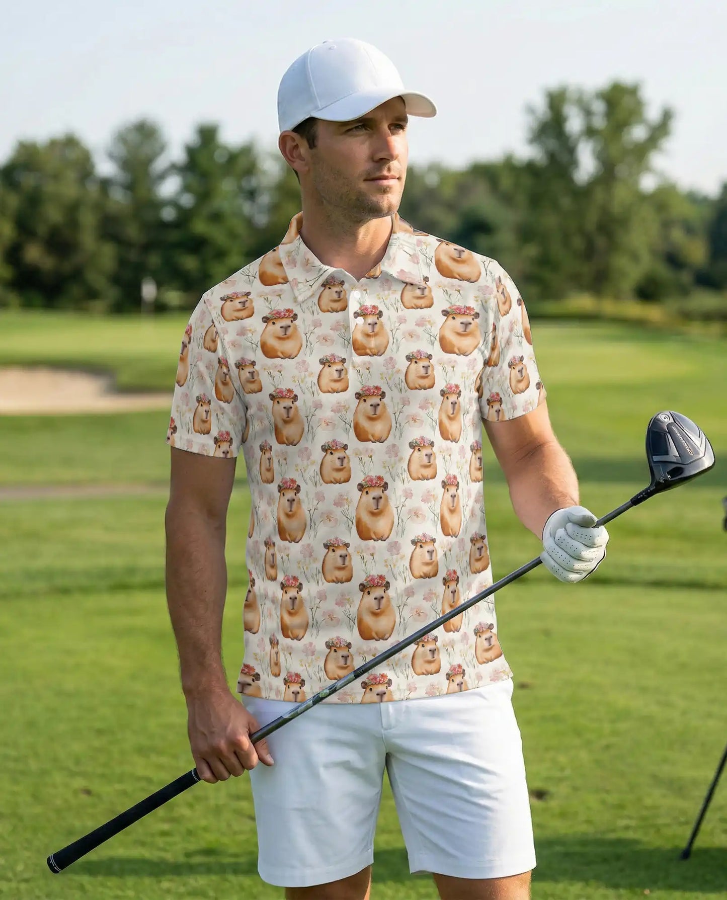 Cute Capybara Floral Polo Shirt, Funny Animal Pattern | Azhawaiian