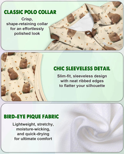 Capybara Pattern Sleeveless Polo Shirt for Women