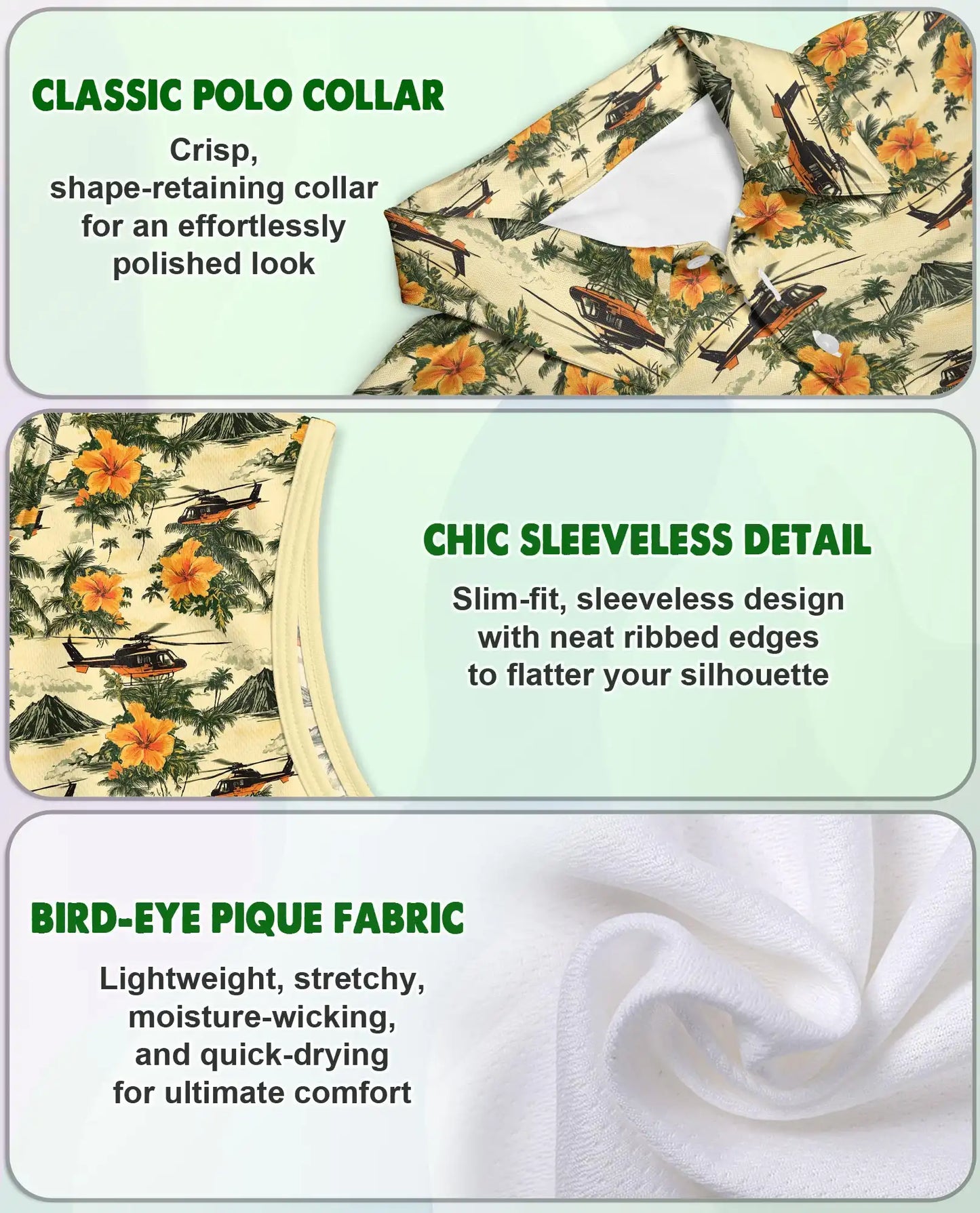 Helicopter And Hibiscus Sleeveless Polo Shirt for Women, Aviation Tropical Style | Azhawaiian