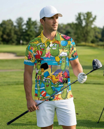 Funny Pickle Beach Pickleball Polo Shirt for Men-Cartoon Pickle Tropical | Azhawaiian