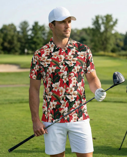Red Floral Polo Shirt, Tropical Orchid Print | Azhawaiian