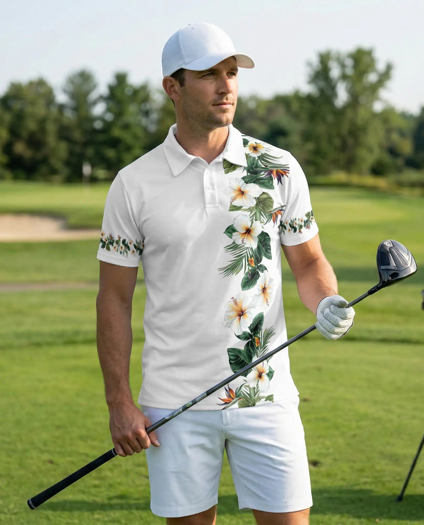 White Tropical Hibiscus 3D Polo Shirt for Men, Elegant Hawaiian Floral Style | Azhawaiian