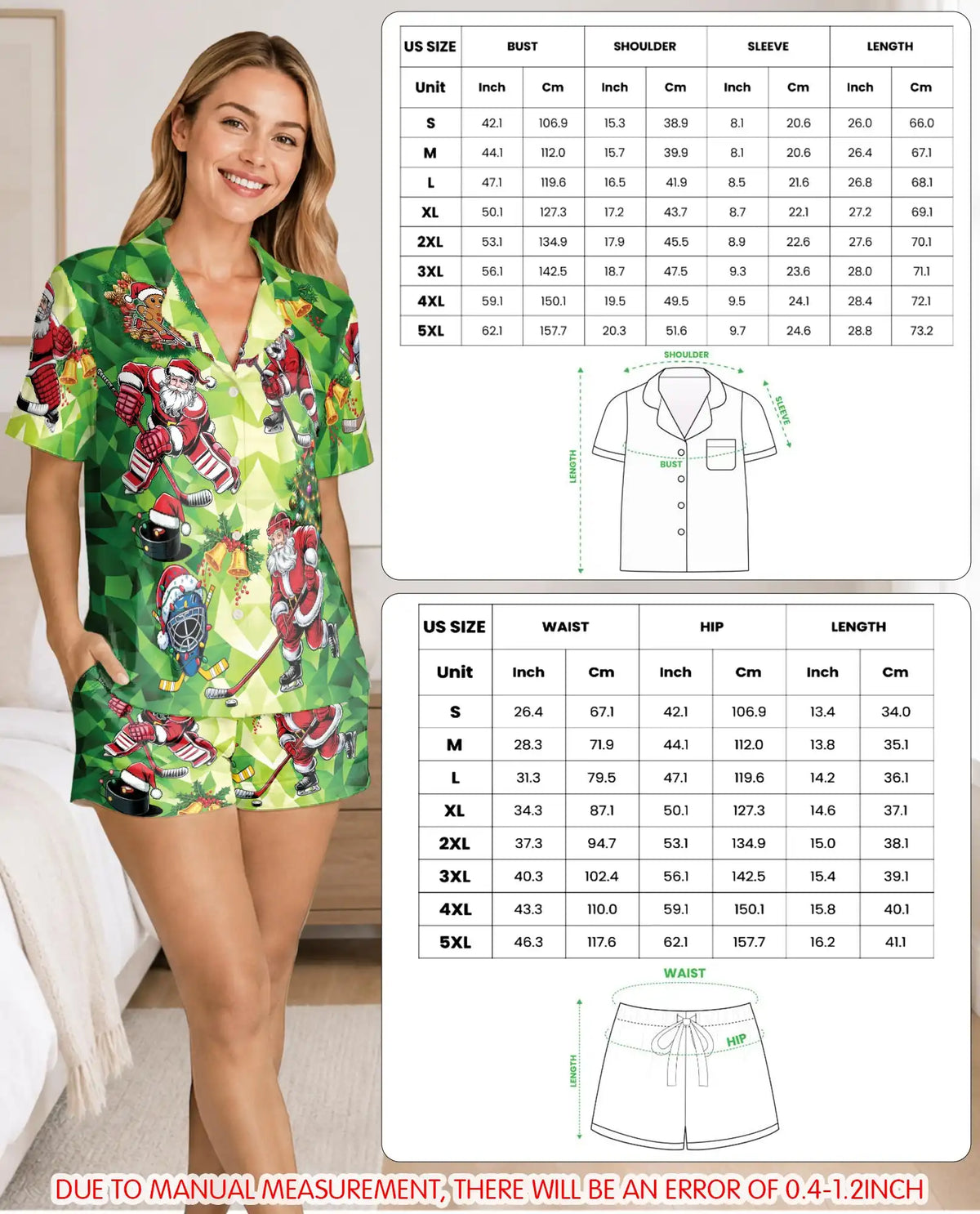 Christmas Hockey Santa Pajama Set for Women – Green Geometric Print