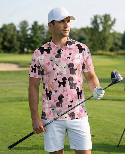 Cute Poodle Dog Lover Polo Shirt for Men - Pink Heart Pattern | Azhawaiian