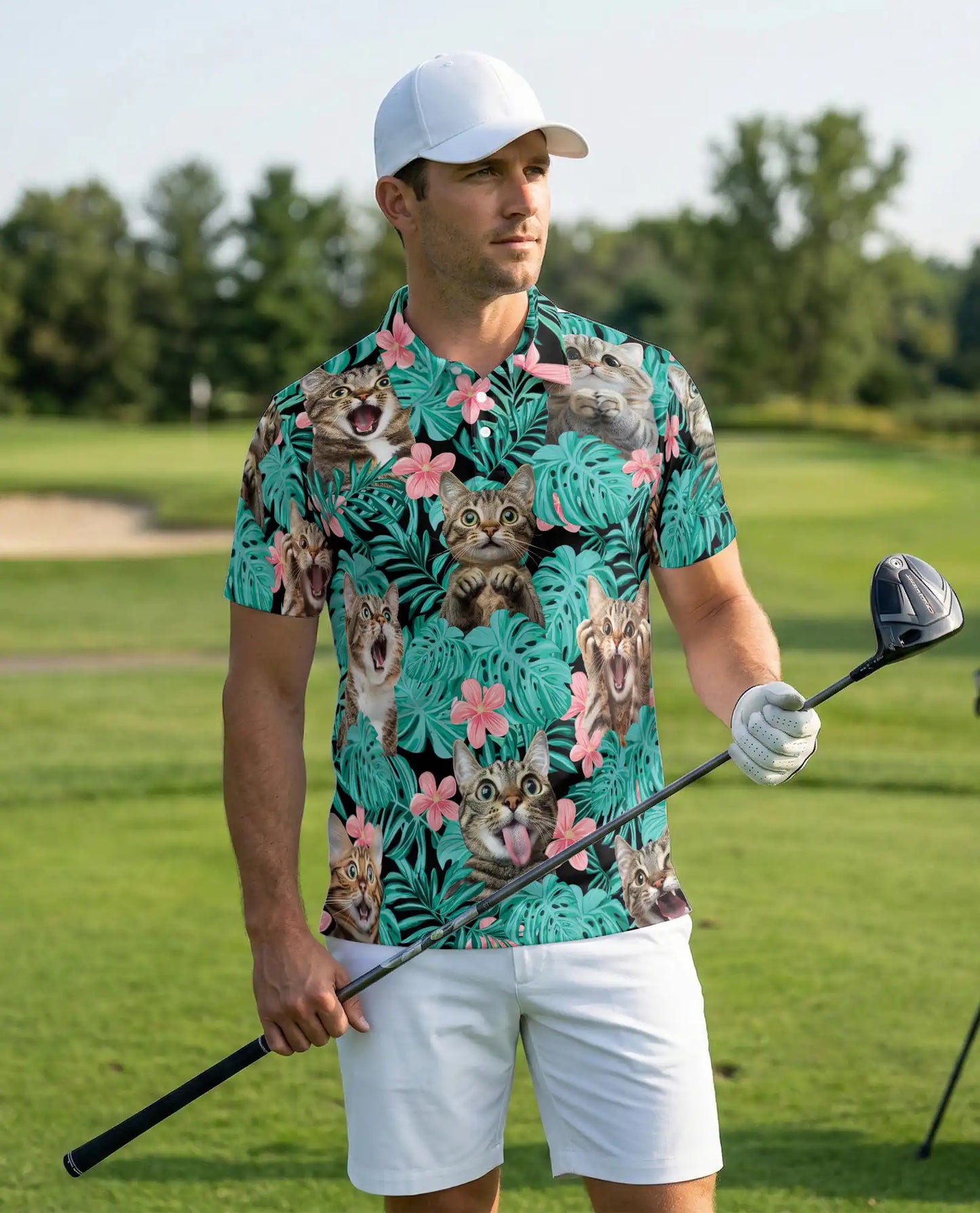 Funny Tropical Cat Polo Shirt for Men- Print Cute Cat | Azhawaiian