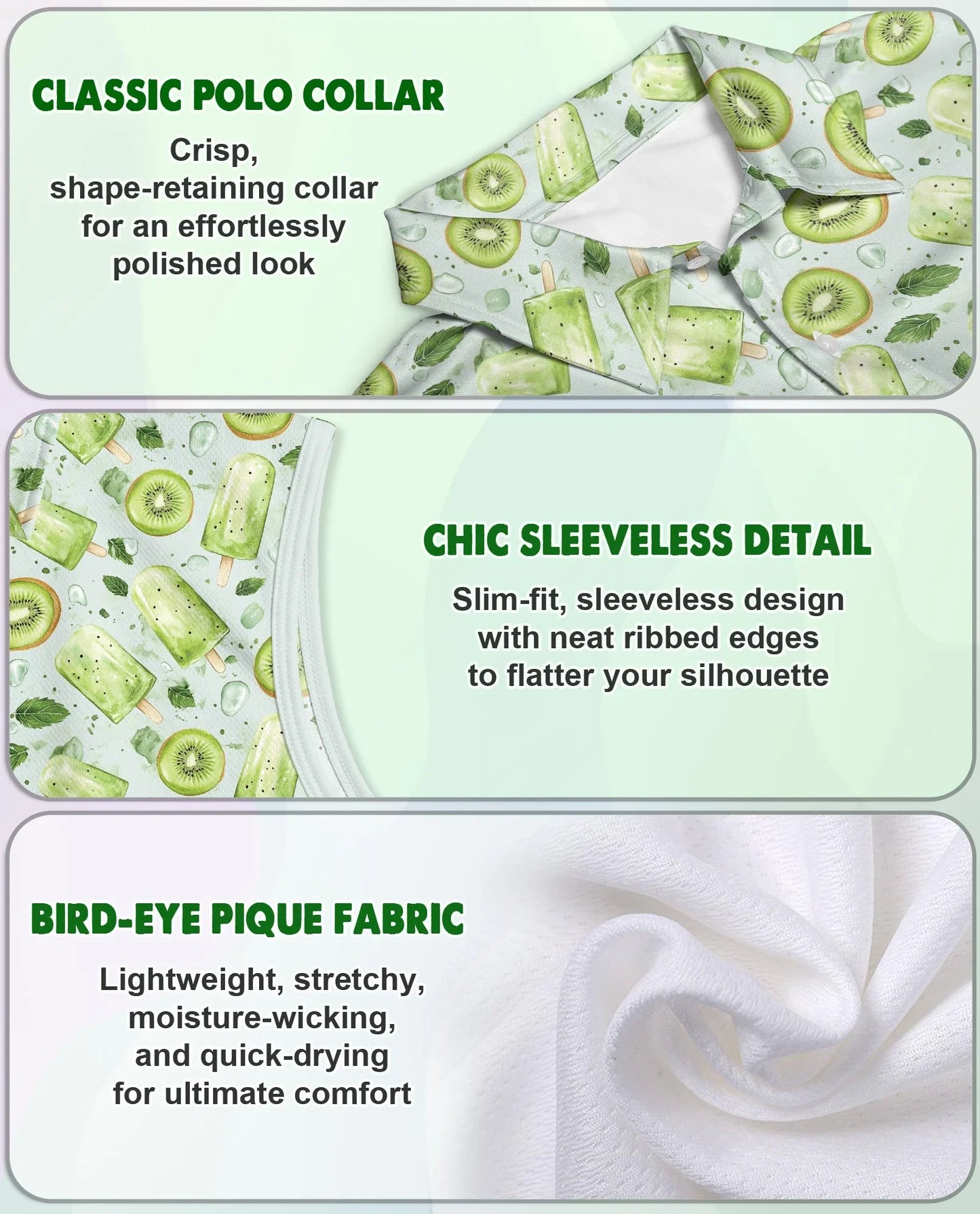 Kiwi Ice Cream Sleeveless Polo Shirt for Women, Cute Fruit Summer Style | Azhawaiian