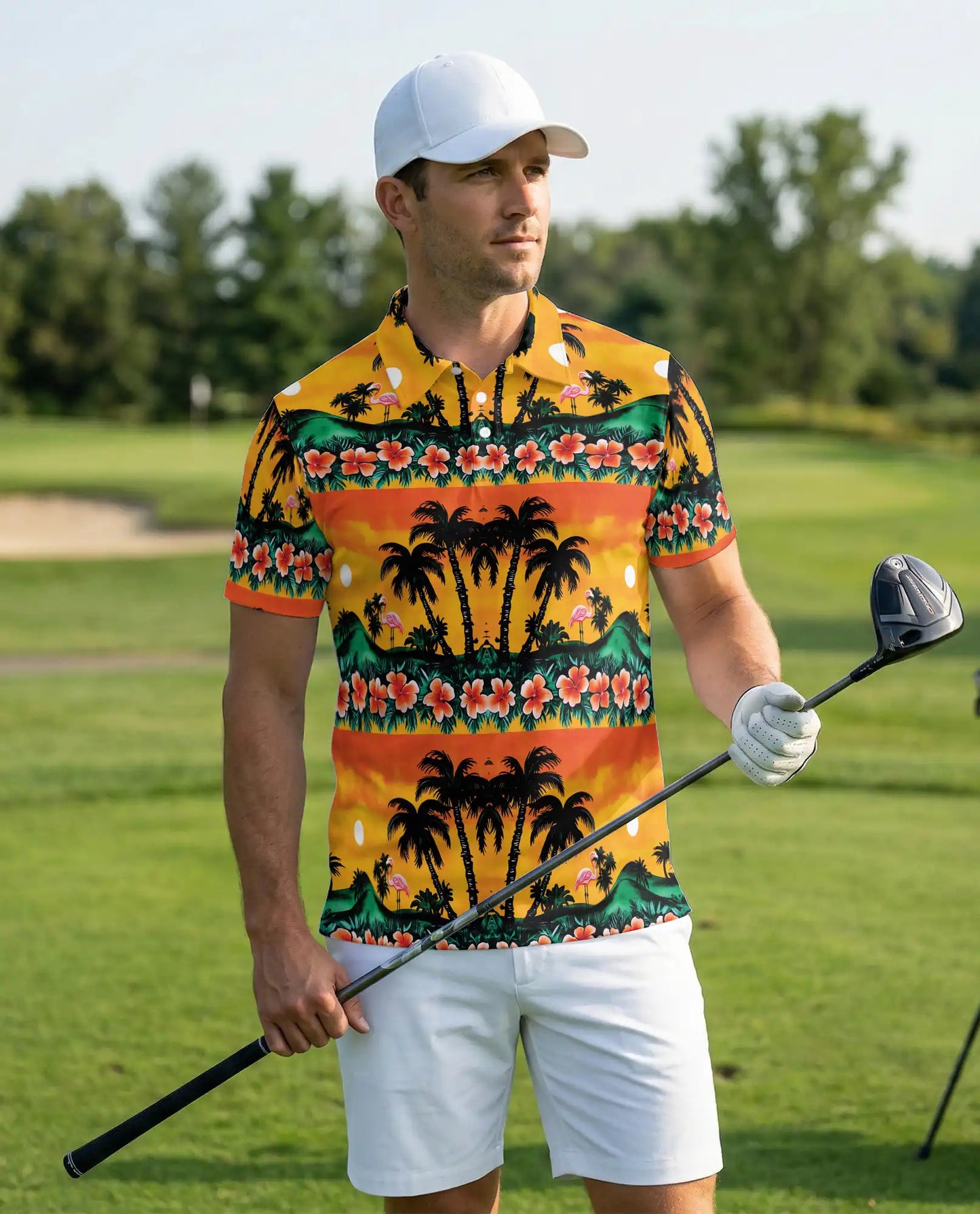 Tropical Sunset Polo Shirt, Palm Tree Flamingo Print | Azhawaiian