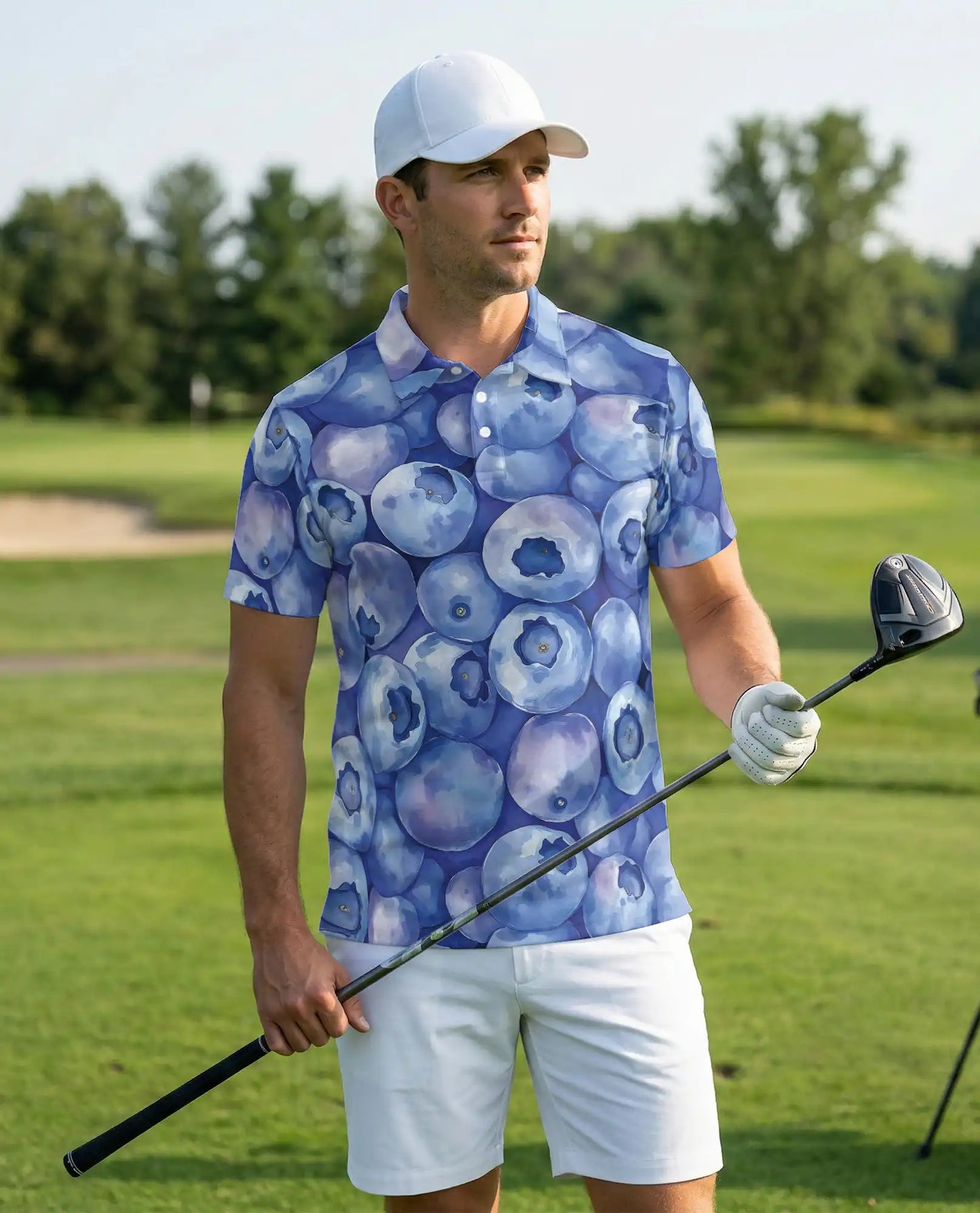 Blueberry Patten Polo Shirt For Men, Summer Fruit Print | Azhawaiian
