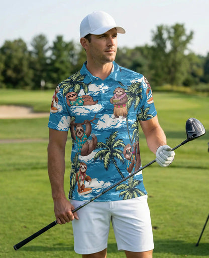 Sloth Tropical 3D Polo Shirt for Men, Funny Beach Animal Style | Azhawaiian