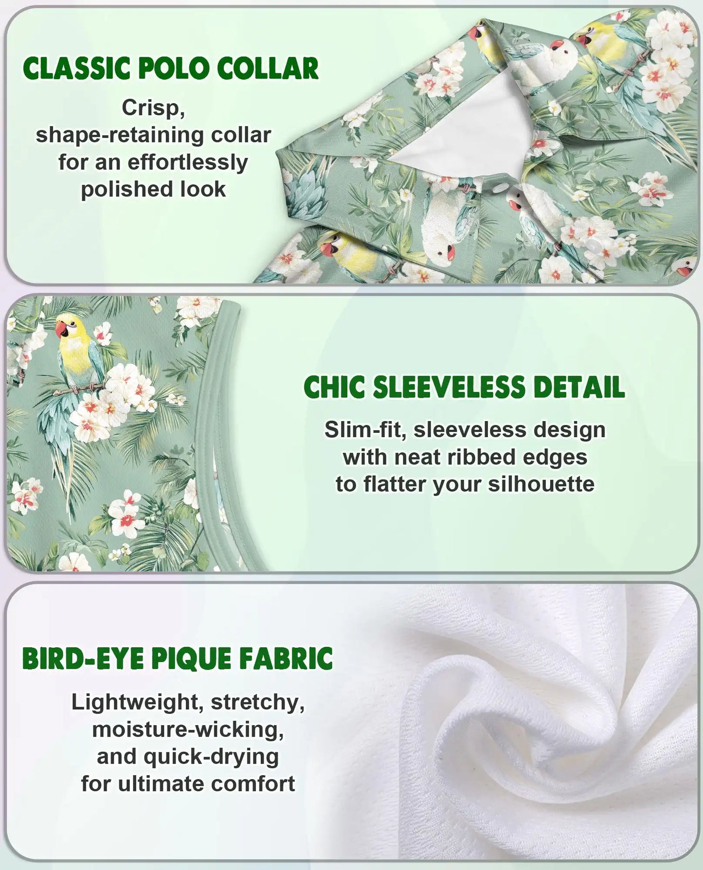 Vintage Tropical Parrot Sleeveless Polo Shirt for Women, Retro Bird Summer Style | Azhawaiian